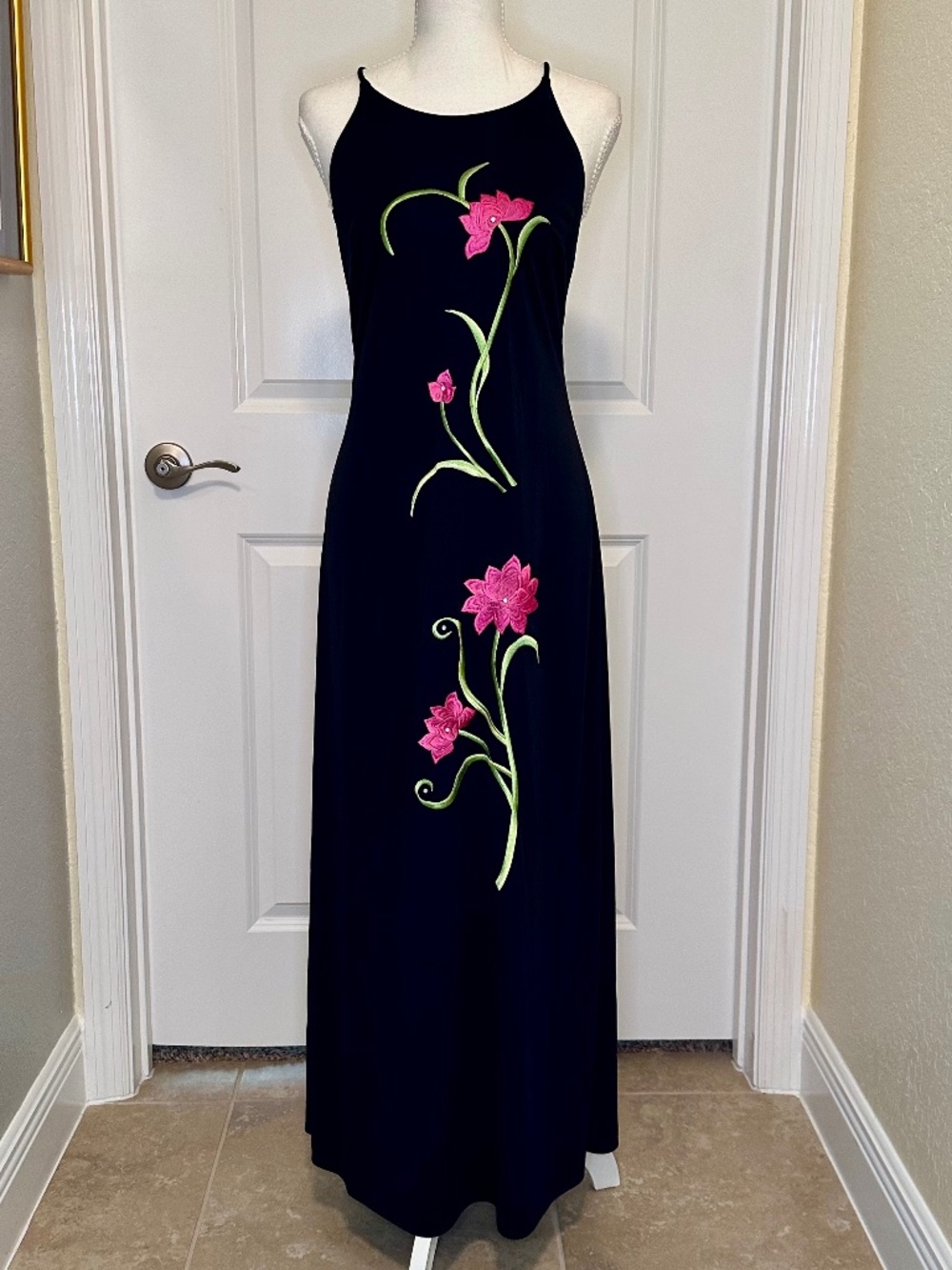 Vintage 90's J.R. NITES Black Gown with Floral Embroidery
